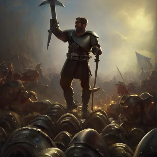 Image similar to ron swanson in medieval plate armor holding a greatsword standing on top of piles of slain enemy footsoldiers, epic fanart, volumetric lighting, oil painting, highly detailed, wide view, sharp focus, painting by daniel gerhartz, alphonse murac, detailed art, artstation