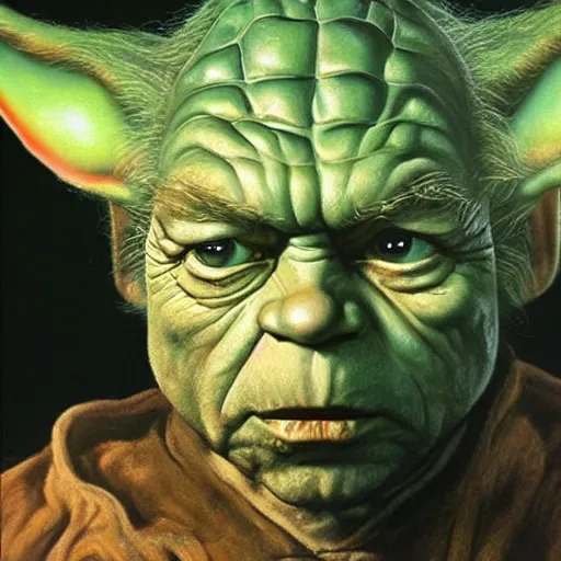 Image similar to ultra realistic portrait painting of tommy lee jones as yoda, art by frank frazetta, 4 k, ultra realistic, highly detailed, epic lighting