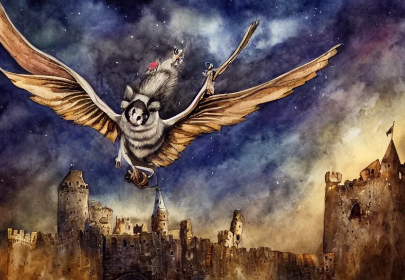 Image similar to epic winged possum flying over a medieval castle under a dark starred sky, dark fantasy, watercolor, dreaming illusion, highly detailed, 4k, trending on Artstation, award-winning