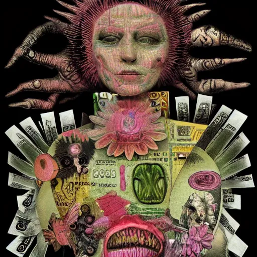 Prompt: post - punk new age album cover, asymmetrical design, dollar bank notes, capitalism, magic, apocalypse, psychedelic, black white pink, highly detailed, magic, giger h. r., in the style of giuseppe arcimboldo
