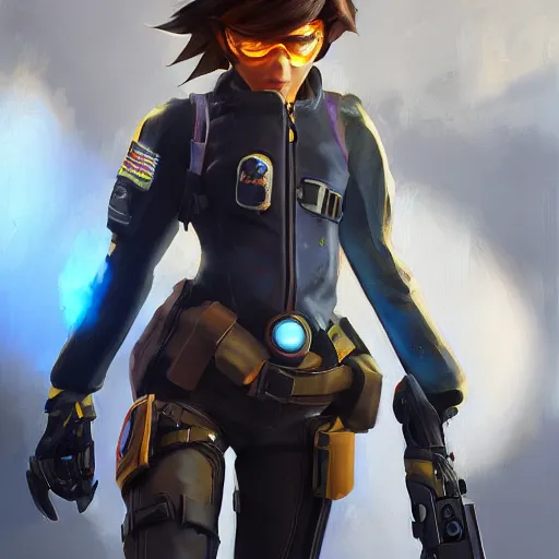 Prompt: painting of a female cosplaying as tracer from overwatch wearing skintight leather jacket holding a gun, by jeremy mann, fantasy art, dynamic lighting, artstation, poster, volumetric lighting, 4 k, award winning