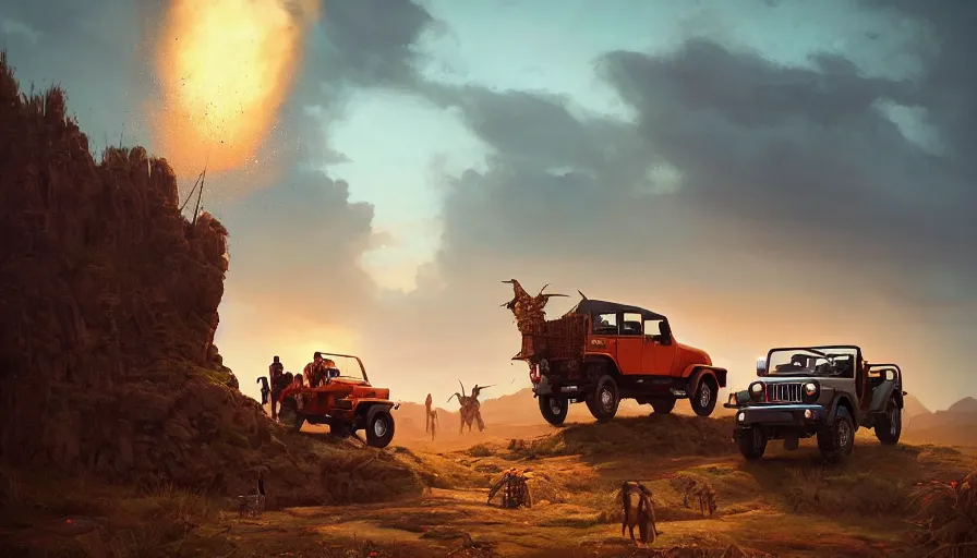 Image similar to Mahindra thar, tribe members watching nearby, an epic fantasy, dramatic lighting, cinematic, establishing shot, extremely high detail, photorealistic, cinematic lighting, cgsociety, by simon stalenhag, horizon forbidden west