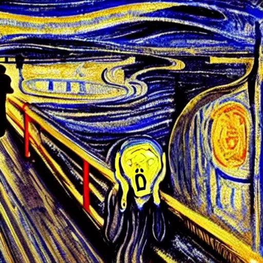 Image similar to painting of edvard munch's the scream with van gogh's the starry night in the background, detailed, unreal engine