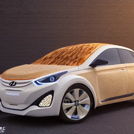 Image similar to Hyundai car made of bread, concept, 3d render, unreal engine 5, octane render, 4k, low contrast, ray tracing, serene landscape, calm, relaxing, beautiful landscape, highly detailed, high quality, product photo, hyperrealistic, concept art, symmetrical, centered, godrays