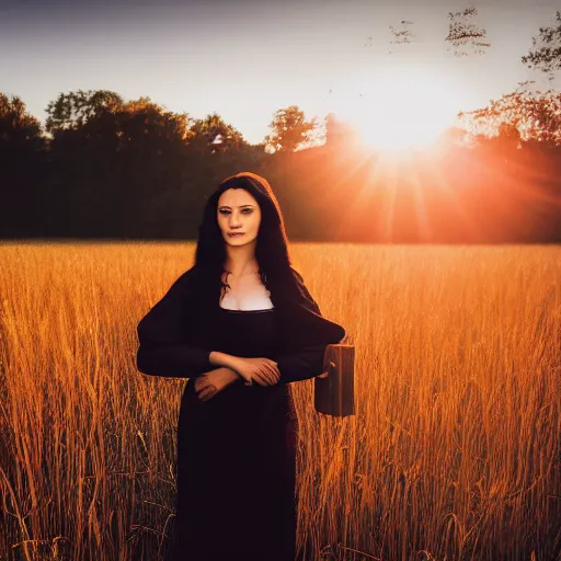 Prompt: woman played by mona lisa, standing on a meadow, cinematic composition, street photography, 2 5 mm, sunrise, dramatic lighting