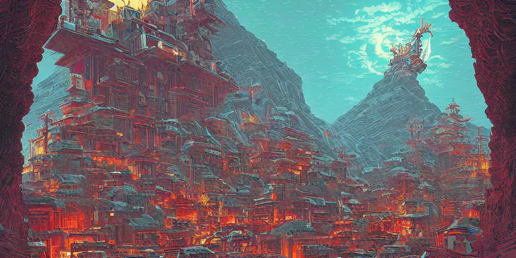 Image similar to Cyberpunk Dzogchen Mountain Temple, by Kilian Eng and Dan Mumford