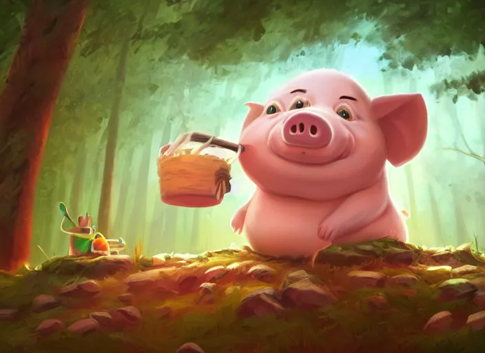 Prompt: a cartoonish cute anthropomorphic pig is near a giant pile of straws in a mystical forest full of wonders, pine trees, magical atmosphere, trending on artstation, 30mm, by Noah Bradley trending on ArtStation, deviantart, high detail, stylized portrait H 704