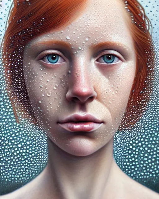 Prompt: portrait of an ethereal ginger freckled woman with water droplets, hypnotic eyes, with rain drop patterns, closeup, by mary jane ansell