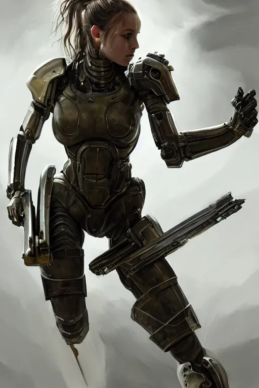 Prompt: a photorealistic painting of an attractive young girl, partially clothed in metal-plated battle armor, wielding a plasma rifle, dirty olive skin, long dark hair, beautiful bone structure, perfectly symmetrical face, perfect eyes, intricate, elegant, digital painting, concept art, illustration, sharp focus, minimal artifacts, volumetric lighting, from Metal Gear, in the style of Ruan Jia and Mandy Jurgens and Greg Rutkowski, trending on Artstation, award winning