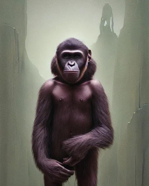 Prompt: portrait of a ape kid wearing a stylish hoodie, digital illustration, matte painting, hyperrealistic, photoreal, symmetry, highly detailed, 8 k, hd, by beksinski and rutkowski and stalenhag