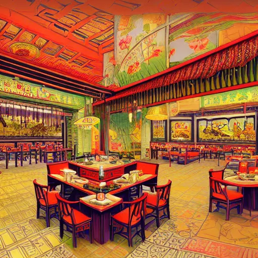 Prompt: a beautiful hyperdetailed interior 4 k hd wallpaper illustration of roasted string hotpot restaurant restaurant yan'an, wall painting, from china, with merchant logo, fine delicate structure, surrealistic, chinese style, victo ngai