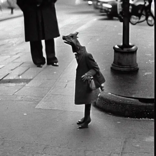 Image similar to a real photo by saul leiter of a small anthropomorphic dinosaur wearing a suit and standing in paris while holding a baguette, by helen levitt