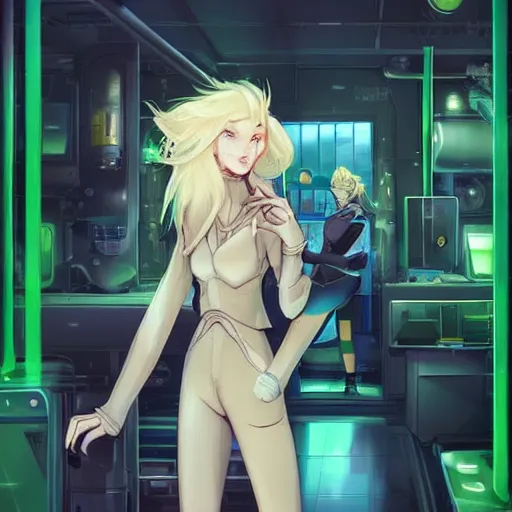 Image similar to beautiful portrait commission of a cute female furry anthro Canadian Lynx fursona casual clothes in a futuristic mechanical laboratory. blonde hair. Green Eyes. character design by charlie bowater, ross tran, artgerm, and makoto shinkai, detailed, inked, western comic book art