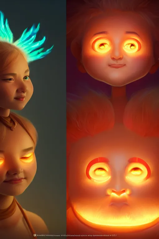 Image similar to super cute Bioluminescent Fire deity character concept, single head, no double head, soft light, soft mood, realistic body features and face, illustration, painting oil on canvas by Elena Zhurikhina and Goro Fujita and Charlie Bowater, octane render trending on artstation, 4k, 8k, HD