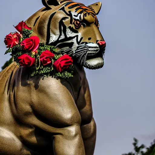 Image similar to a statue of a tiger [ fabricated with [ roses ]!! ], [ 4 k photorealism ]!!, best of unsplash, trending on unsplash, unsplash contest winner