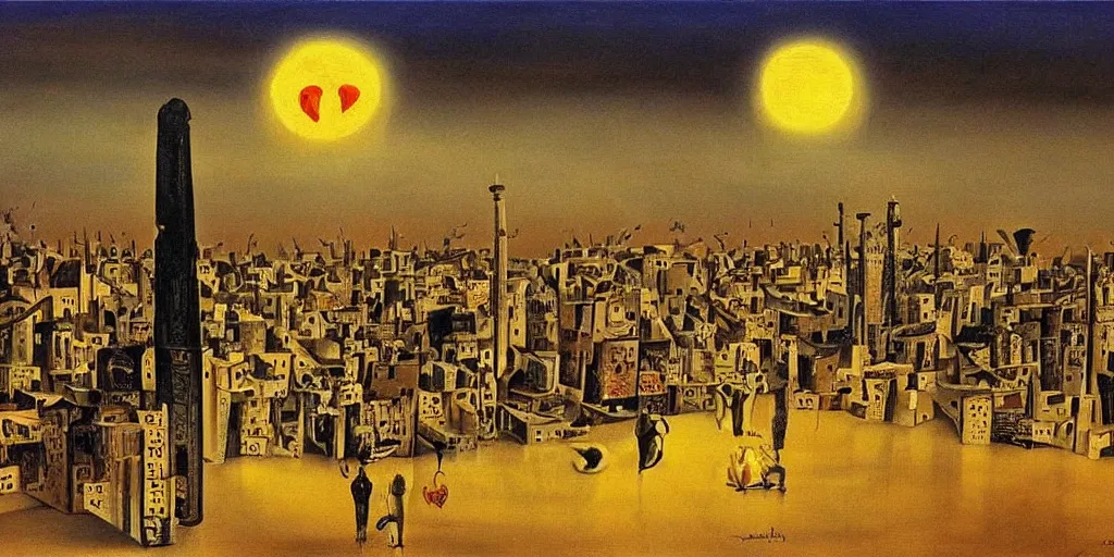 Image similar to love and fear in tehran skyline in a winter night, a full moon in the sky, surreal painting by salvador dali,