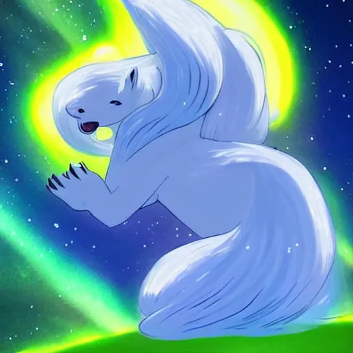 Image similar to Alolan Ninetales shiny, standing on an snowy hill with an aurora borealis in the night sky