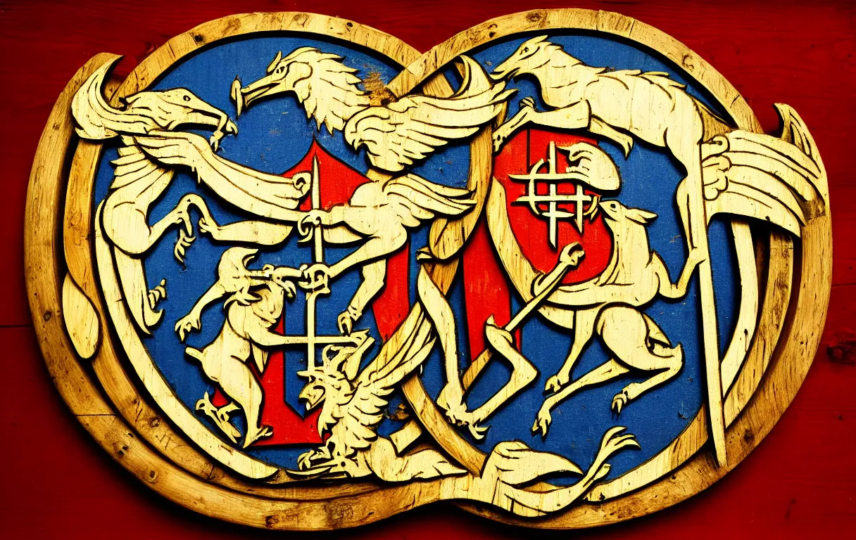 Image similar to medieval coat of arms containing the symbols of the five manna values from magic the gathering on a wooden shield