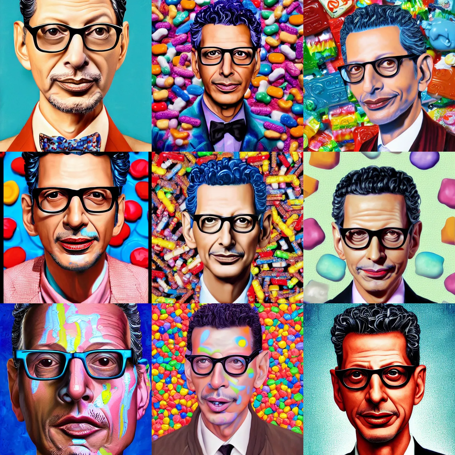 Prompt: digital painting of jeff goldblum made out of candy by james jean, hikari shimoda, mark ryden in the style of surrealism