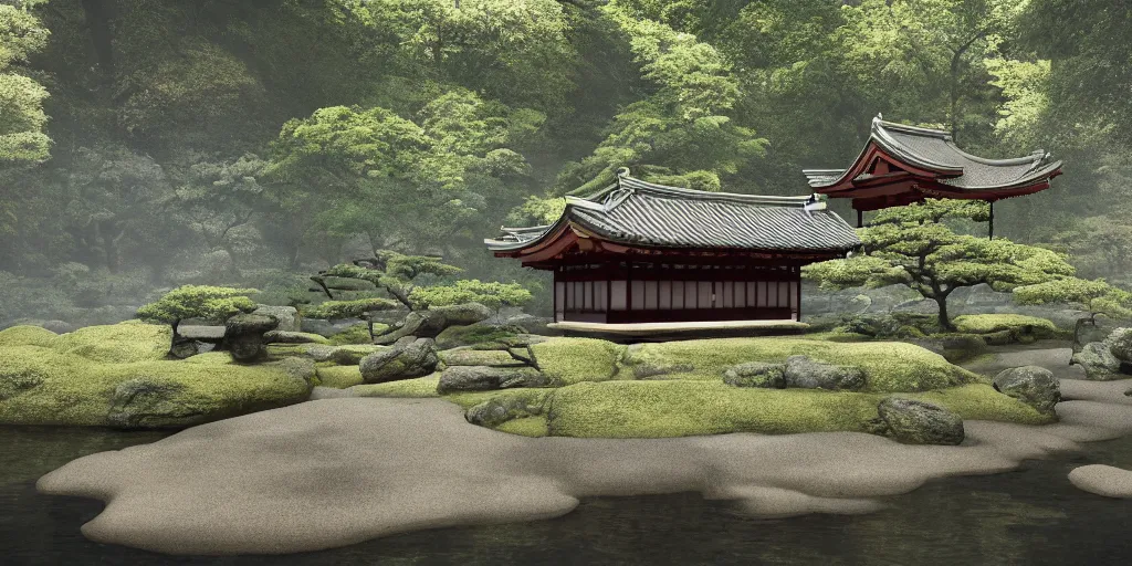 Prompt: a ancient japanese temple in the middle of a forest mear a small river, extremely highly detailed, high quality, 8K HDR, octane render, unreal engine 5, hyperrealistic, concept art, trending on Artstation, dramatic lighting, cinematic, high coherence, path tracing, ruins, clouds in the sky