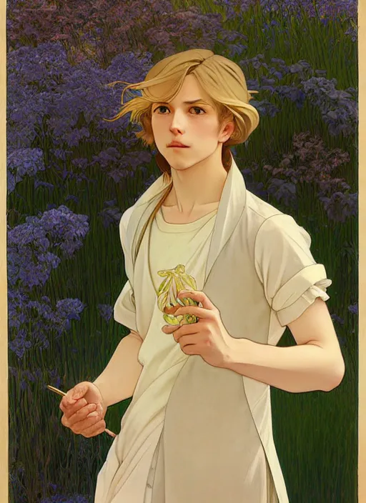 Image similar to pretty young man with shoulder length blond hair, male, half body shot, path traced, highly detailed, high quality, digital painting, by studio ghibli and alphonse mucha, leesha hannigan, hidari, art nouveau, chiho aoshima, jules bastien - lepage