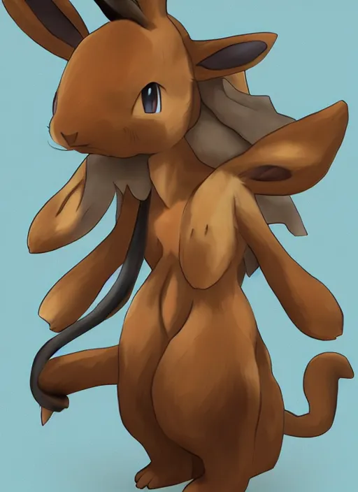 Image similar to tall brown Lopunny Anthro, long wavy dusty blonde bent enormous lop ears, Pokémon rabbit standing, trending on artstation