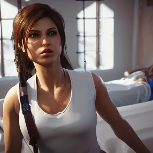 Image similar to lara croft, wearing a nurse outfit, resting on a hospital bed, real photo, hospital interior, intricate, soft lighting, cinematic composition, hyper realistic, 8k resolution, unreal engine 5