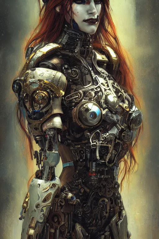 Image similar to portrait of beautiful young gothic cyborg maiden, cyberpunk, Warhammer, highly detailed, artstation, illustration, art by Gustav Klimt