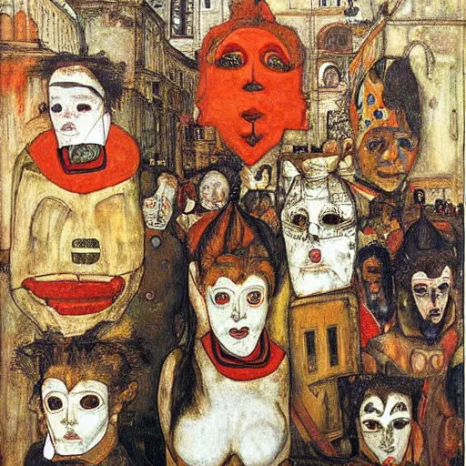 Image similar to carnival masks in narrow crowded streets of Rome, by Egon Schiele