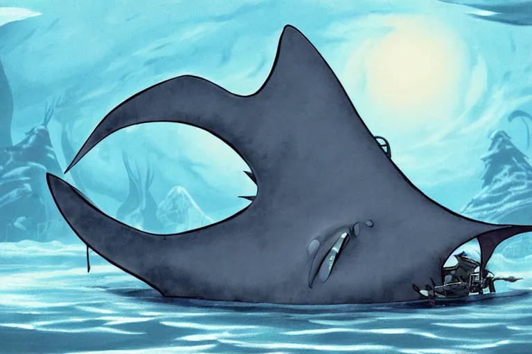 Image similar to cell shaded cartoon of a giant lovecraftian mechanized grey manta ray from howl's moving castle ( 2 0 0 4 ), in an icy river, full body, wide shot, very muted colors, post grunge, studio ghibli, highly detailed, deviantart, art by artgem