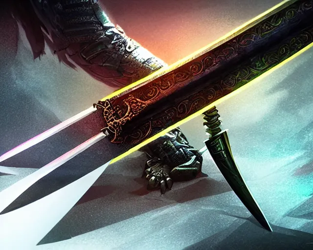 Image similar to legendary cybernetic full long sharp sword lying flat on a glowing table with a black and iridescent sword blade, digital award winning hd matte painting, intimate dark moody, intricate, ornate spikes, colorful gems on hilt, detailed realistic raytraced blade, future golden technological pommel, deviantart
