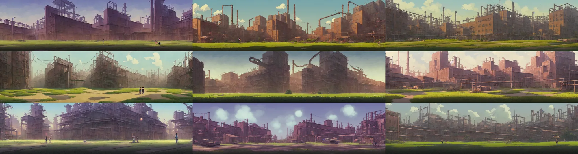 Prompt: a wholesome animation key shot of a abandoned factory panorama, studio ghibli, pixar and disney animation, sharp, rendered in gouache painting, anime gouache key art by greg rutkowski, bloom, dramatic, dynamic lighting