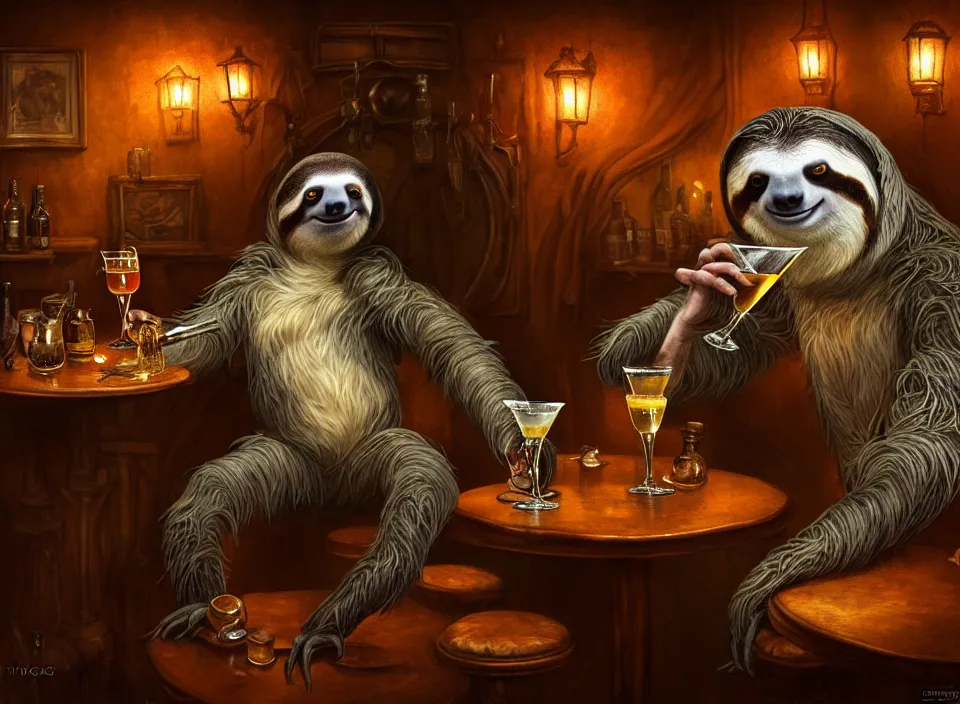 Prompt: sloth anthro as dapper drinking patron, dimly-lit cozy tavern, relaxed poses, fantasy art, detailed painterly digital art style by Rolf Armstrong, d&d vibe, fireplace, furaffinity, 🍸, 8k octane beautifully detailed render, post-processing, extremely hyperdetailed, intricate, epic composition, grim yet sparkling atmosphere, cinematic lighting + masterpiece, trending on artstation, very detailed, vibrant colors