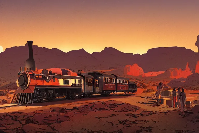 Image similar to idyllic old western train station illustration by syd mead, artstation, 4 k, graphic novel, concept art, matte painting, steam engine, beautiful mountain desert sunset background, golden hour