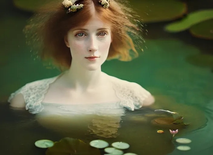 Image similar to Kodak Portra 400, 8K, soft light, volumetric lighting, highly detailed, britt marling style 3/4 ,portrait photo of a beautiful woman how pre-Raphaelites painter, the face emerging from the water of a pond with water lilies, part of the face is underwater, she has a beautiful lace dress and hair are intricate with highly detailed realistic beautiful flowers , Realistic, Refined, Highly Detailed, natural outdoor soft pastel lighting colors scheme, outdoor fine art photography, Hyper realistic, photo realistic