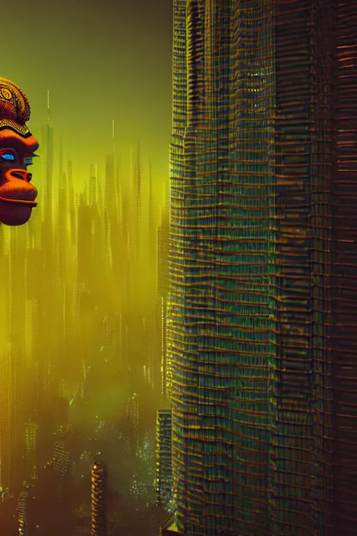 Image similar to high quality 3 d render hyperrealistic cyberpunk hanuman head building, neon yellow madhubani, highly detailed, in sci - fi mumbai, unreal engine cinematic smooth, liam wong, moody light, low angle, uhd 8 k, sharp focus