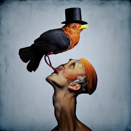 Prompt: old man with hat, bird sitting on top of hat, brooke shaden