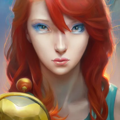 Image similar to Female Pokemon Trainer with Red hair and Blue eyes, detailed, centered, digital painting, artstation, concept art, donato giancola, Joseph Christian Leyendecker, WLOP, Boris Vallejo, Breathtaking, 8k resolution, extremely detailed, beautiful, establishing shot, artistic, hyperrealistic, beautiful face, octane render, cinematic lighting, dramatic lighting, masterpiece