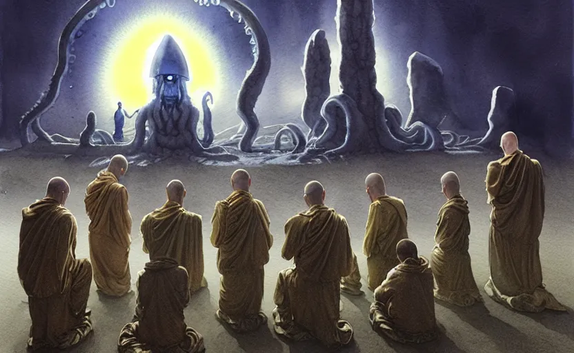 Prompt: a hyperrealist watercolour character concept art portrait of a group of european monks kneeling down in prayer to a tall elegant lovecraftian alien on a misty night in stone henge. a battlecruiser starship is in the background. by rebecca guay, michael kaluta, charles vess and jean moebius giraud