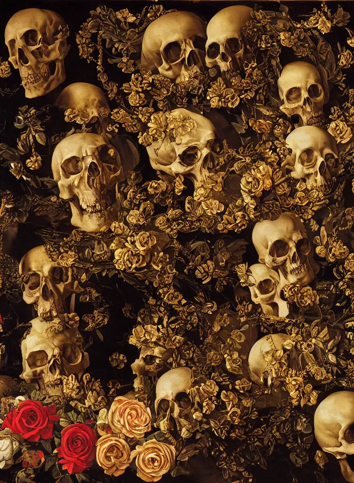 Prompt: portrait of hall of ossuary with a caves and marble skulls with a wreath of gold roses and a dress of gold rose petals , oil painting in a renaissance style , very detailed, painted by Caravaggio.