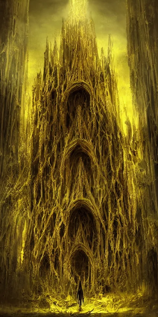 Image similar to a tall towering huge pale human wearing a yellow garment sitting upon an ornate stone throne, 4K, digital art, lovecraftian, lovecraft art, artstation, horror, dramatic, wearing a long yellow rotting garment, dark, hyperrealistic, dramatic perspective, complex (((dark))) cathedral background, dark background, highlights,