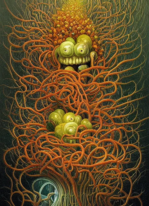 Prompt: hyper detailed Oil painting - It Eats of the Strangling Fruit and Its gossamer polyp blossoms bring iridescent fungal flowers whose spores black the foolish stars by Jacek Yerka, Mariusz Lewandowski, Abstract brush strokes, Masterpiece, Edward Hopper and James Gilleard, Zdzislaw Beksinski, Mark Ryden, Wolfgang Lettl, hints of Yayoi Kasuma