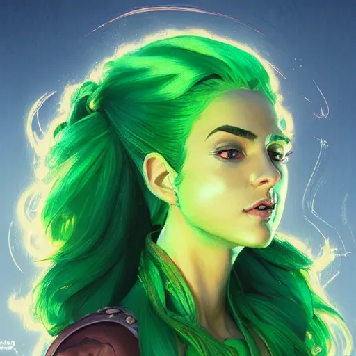 Prompt: beautiful woman with glowing green hair, portrait, maya ali mage, gloomhaven, dynamic lighting, gaudy colors, octane render aesthetic, matte painting concept art, official fanart behance hd artstation by jesper ejsing, by rhads and makoto shinkai and lois van baarle and ilya kuvshinov and rossdraws