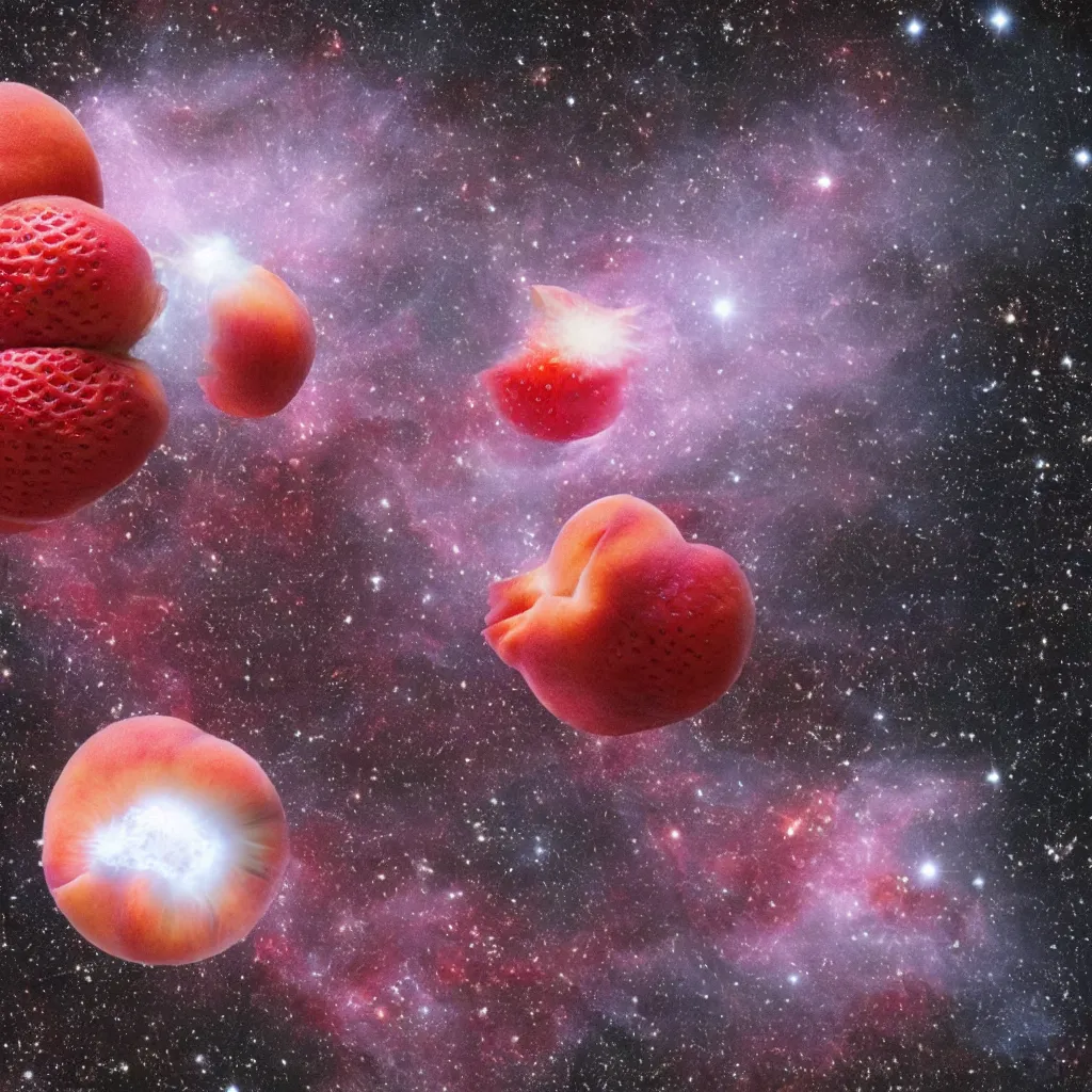 Image similar to a peach-like neutron star is bursting and throwing strawberry to all around