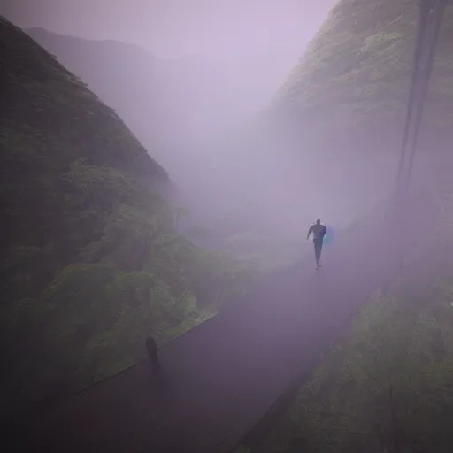 Prompt: a man walks across a bridge that traverses a deep mist-filled canyon. Volumetric lighting, dusk