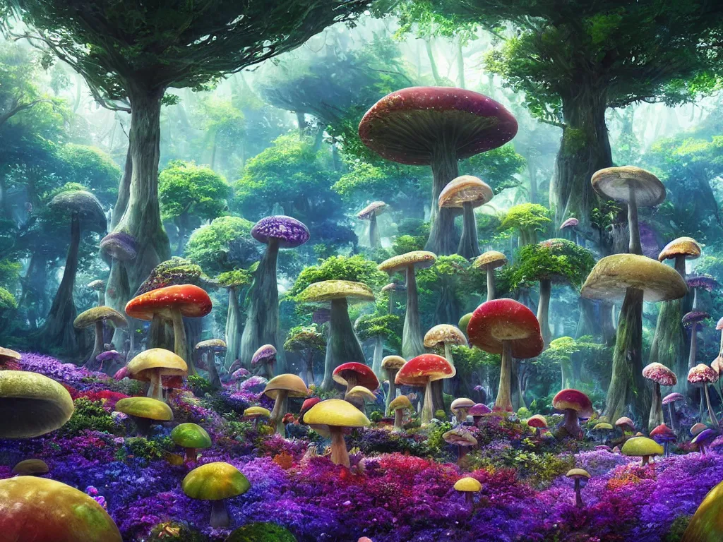 Prompt: a beautiful otherworldly fantasy landscape of giant mushrooms like trees forming canopies over bright colorful mythical sprouted floral plants and colorful foliage on the ground, like alice in wonderland, extreme detail, studio ghibli and pixar and abzu, rendering, cryengine, deep colors, purple and blue and green colors, vray render, cgsociety, bioluminescent