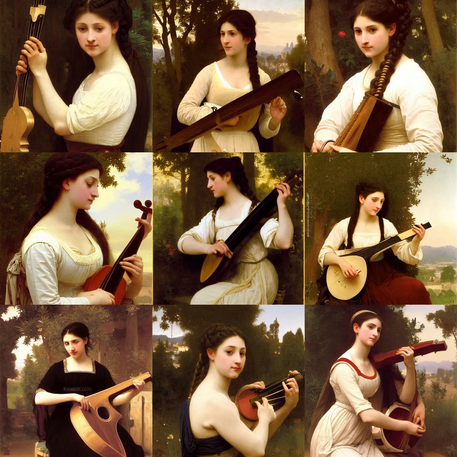 Prompt: Tall Englishwoman playing the lute. Slender neck. Master Lutist with dark hair braided hair. Art by William-Adolphe Bouguereau. During golden hour. Extremely detailed. Beautiful. 4K. Award winning.