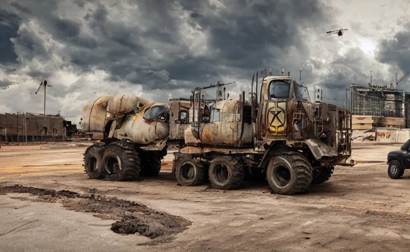 Image similar to an immense derelict monster truck cement mixer construction vehicle with tank turret and demolition ball in front of a road construction site, dystopian, imax, dramatic clouds, muted colors