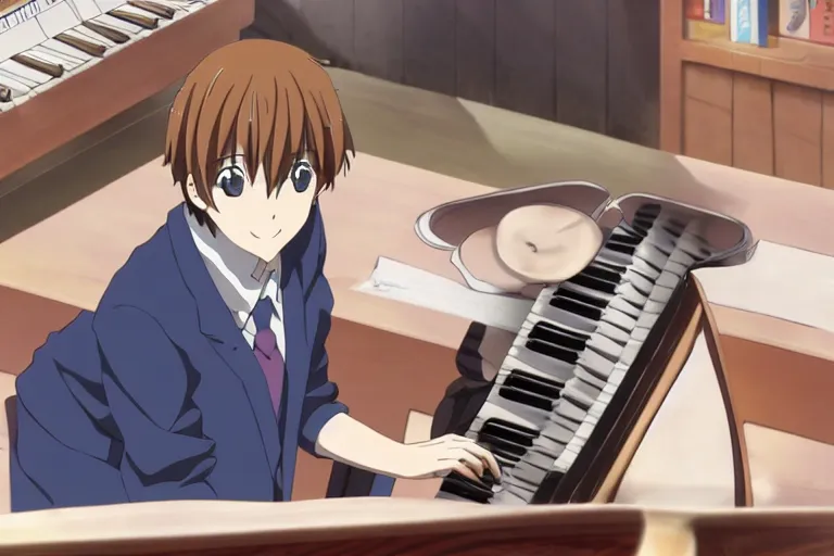 Image similar to A handsome anime boy playing the piano, Kyoto Animation