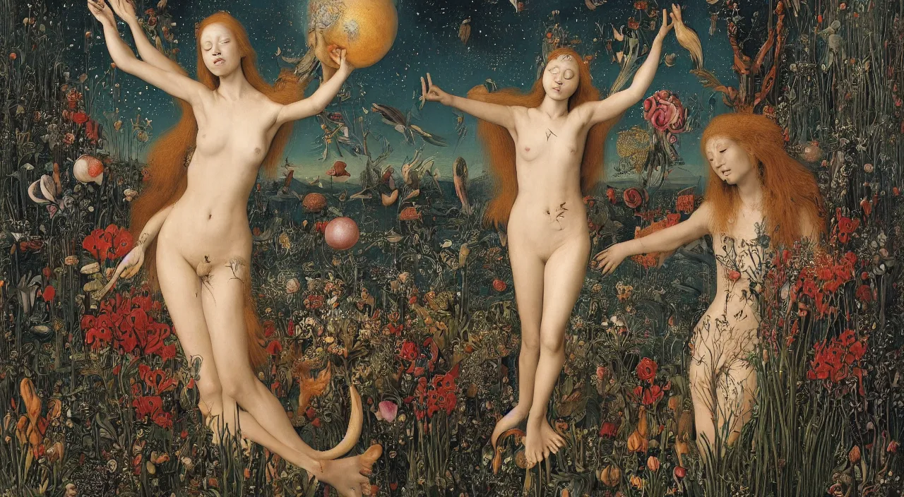 Image similar to a meditating harpy mermaid surrounded by towering bulbous flowers is transforming into a fox. her halo hair burns high into a starry sky. a river delta flows from her loins. painted by jan van eyck, max ernst, ernst haeckel. trending on artstation, 8 k, award winning, hard lighting, fashion editorial, mythology, photorealistic